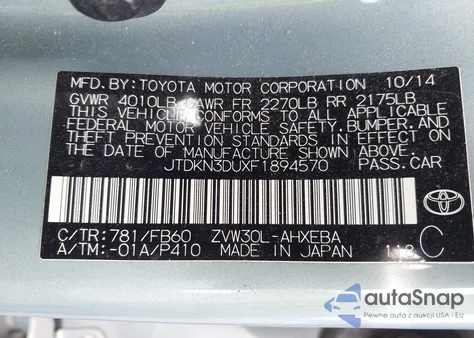 2015 Toyota Prius Two from USA, damaged, VIN JTDKN3DUXF1894570